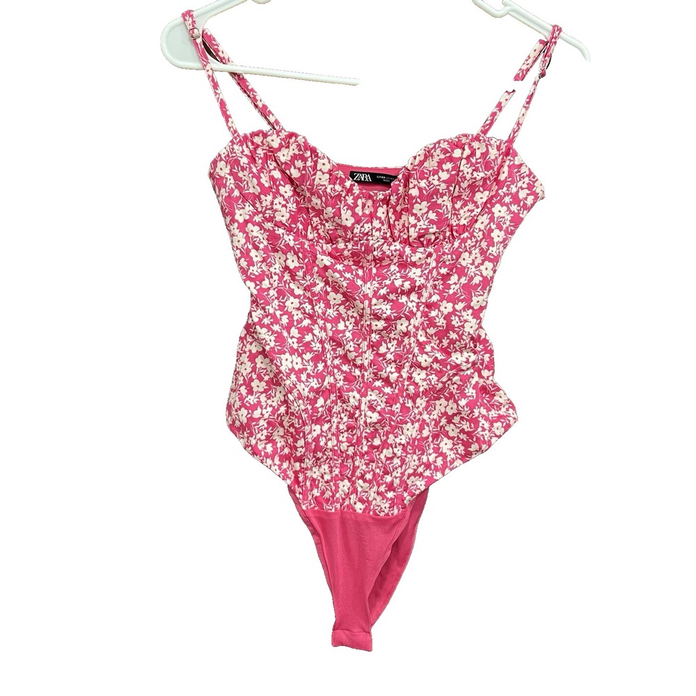 Zara‎ Floral Bodysuit Ruched Bustier Sleeveless Pink White XS